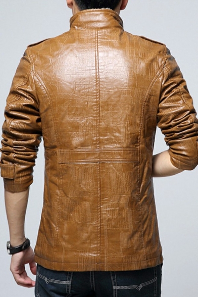 Vintage Plain Mens Jacket Stand Collar Fleece Pocket Detail Button Closure Fitted Leather Jacket