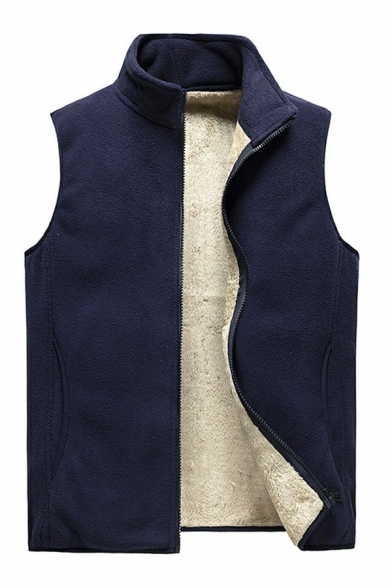 Basic Mens Fleece Vest Stand Collar Pure Color Zip Closure Regular Fit Vest with Pocket