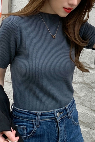 Basic Plain Knit Top Mock Neck Short Sleeve Slim Fit Pullover Knit Top for Women