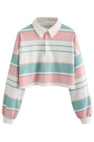 Casual Striped Polo Shirt Turn Down Collar Long Sleeve Oversize Cropped Polo Shirt for Women