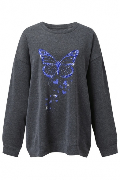 Casual Womens Sweatshirt Butterfly Print Crew Neck Long Sleeve Sweatshirt