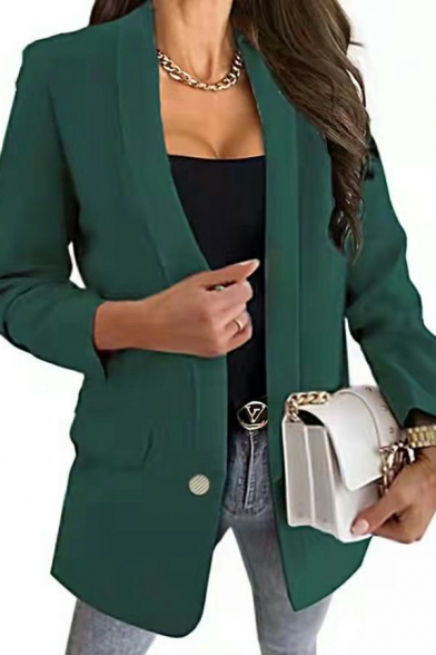 chic Ladies Blazers Plain Lapel Collar One Button Long Sleeve Flap Pocket Short Blazers