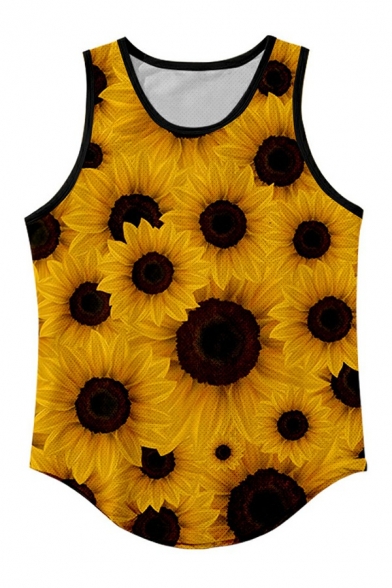 Chic Mens Tank Top Sunflower Pattern Round Neck Regular Fit Sleeveless Tank Top