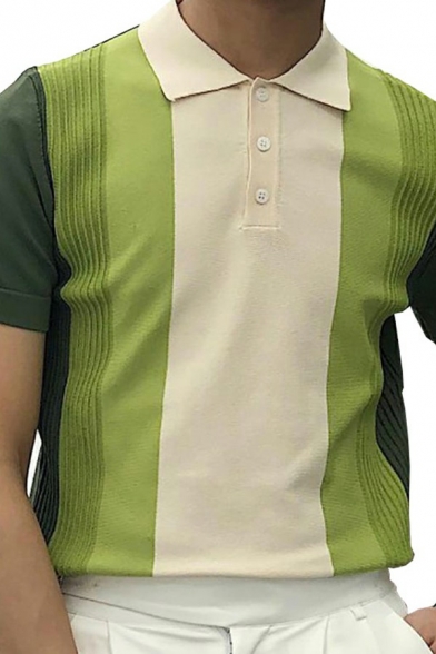 Comfortable Mens Polo Shirt Color Block Button Detail Spread Collar Regular Fit Polo Shirt in Green