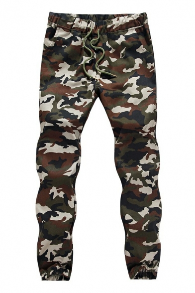 Dashing Mens Drawstring Pants Camouflage Pattern Mid Rise Regular Fit Pants with Pocket