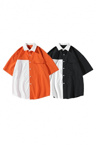 Edgy Men Shirt Color-blocking Chest Pocket Point Collar Short-sleeved Baggy Button Shirt