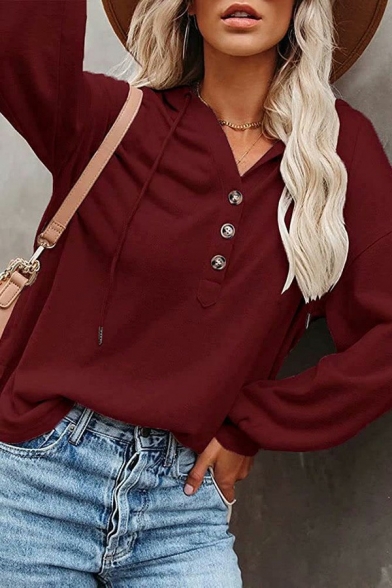 Fashion Hoodie Whole Colored Long Sleeve Regular Hooded Drawstring Button Hoodie for Women