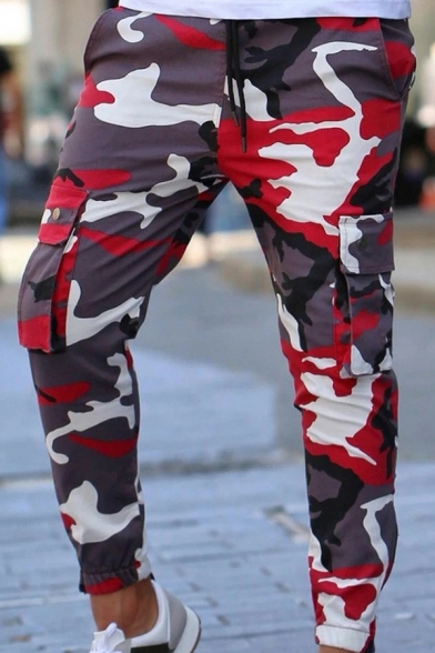 Guys Unique Pants Camo Pattern Ankle Tied Drawstring Waist Flap Pocket Slimming Pants
