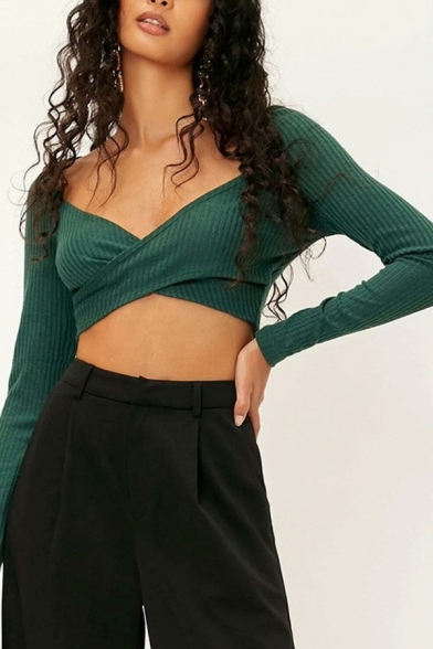 Hot Womens Crop Knit Top Solid Color Sweetheart Neck Criss Cross Slim Fit Long Sleeve Knit Top