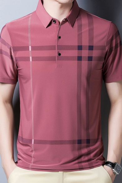 Leisure Men's Polo Shirt Stripe Print Short Sleeves Button Regular Fitted Polo Shirt