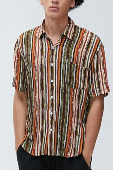 Leisure Men's Shirt Striped Pattern Turn-Down Collar Single Breasted Short Sleeve Shirt