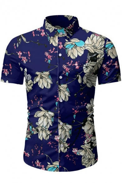 Leisure Mens Shirt Floral Pattern Turn-Down Collar Single Breasted Short Sleeve Slim Shirt