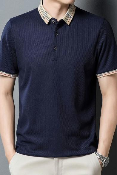 Men Comfy Polo Shirt Contrast Trim Short Sleeves Button Regular Fitted Polo Shirt