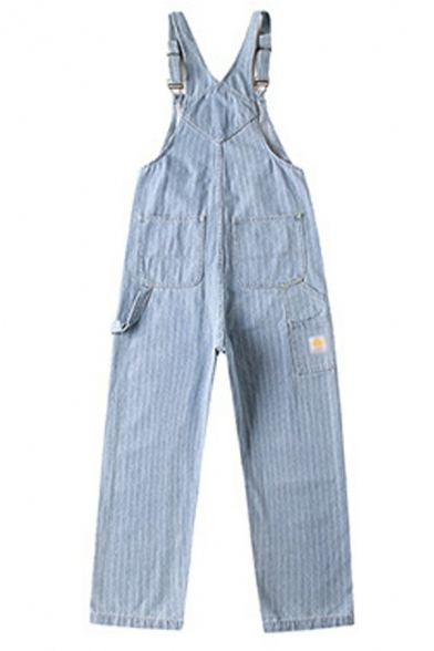 Men's Simple Denim Overalls Stripe Print Kangaroo Pocket Regular Fit Denim Bib Overalls