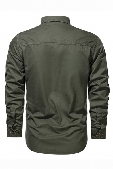 Men Urban Shirt Solid Color Chest Pocket Turn-down Collar Skinny Long Sleeve Button Shirt