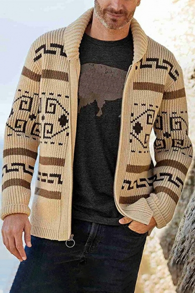 Mens Popular Knit Cardigan Long Sleeve Spread Collar Zip Closure Tribal Print Fitted Knit Cardigan
