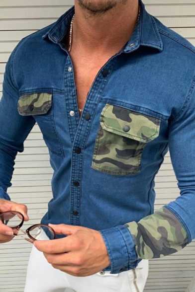 Modern Camouflage Jacket Button Closure Turn-down Collar Pocket Detail Denim Jacket for Men