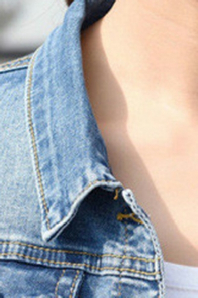 Retro Womens Jacket Plain Lapel Collar Single Breasted Long Sleeve Cropped Denim Jacket