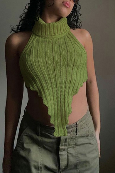 Sexy Ladies Sweater Solid Turtleneck Sleeveless Backless Irregular Hem Cropped Sweater