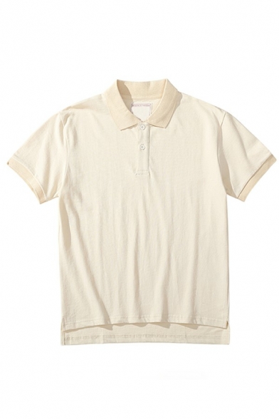 Simple Mens Polo Shirt Plain Turn-down Collar Short Sleeve Button Detail Polo Shirt in Apricot