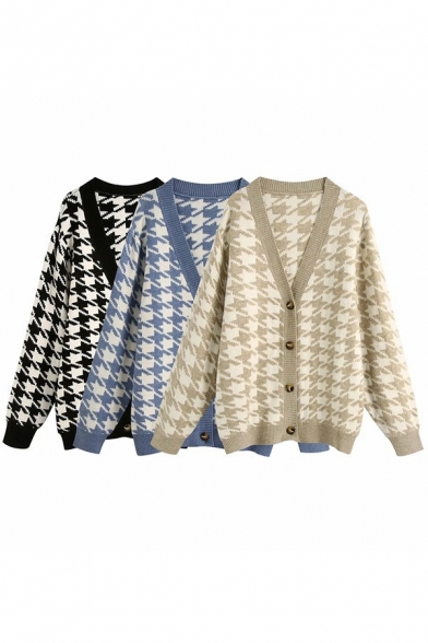 Stylish Ladies Sweater Houndstooth Pattern V-Neck Single Breasted Long Sleeve Cardigan