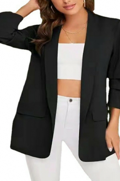 Trendy Ladies Blazers Solid Lapel Collar Open-Front Flap Pockets Long Sleeve Short Blazers