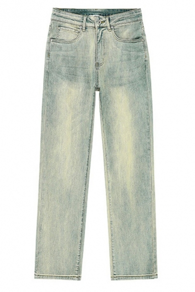 Unique Womens Jeans Acid Wash Zip Closure High Waist Straight Denim Pants