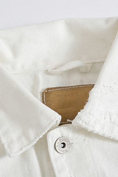 Urban Men's Jacket Plain Button Closure Distressed Design Turn-down Collar Regular Fit Denim Jacket