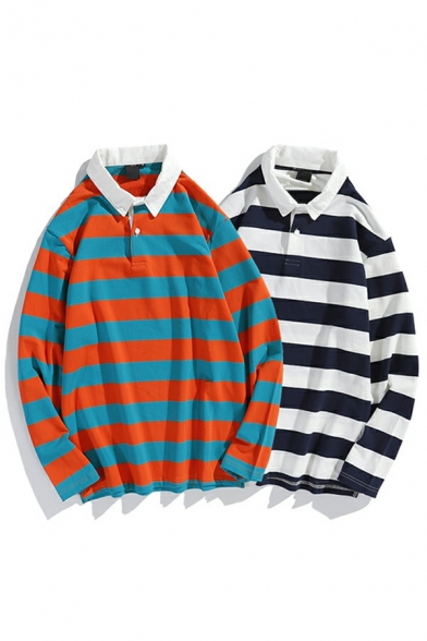 Basic Mens Polo Shirt Stripe Print Long Sleeve Button Detail Turn-down Collar Loose Fit Polo Shirt