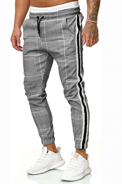 Boy's Trendy Pants Checked Print Pocket Mid Rise Skinny Ankle Tied Drawstring Pants
