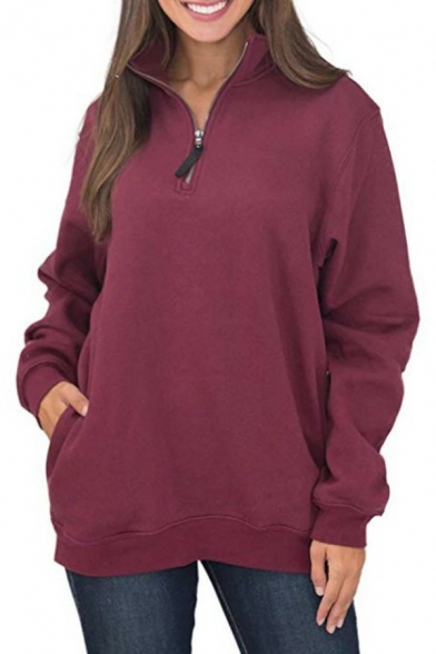 Classic Sweatshirt Plain Stand Neck Long Sleeve Fitted 1/2 Zipper Sweatshirt for Girls