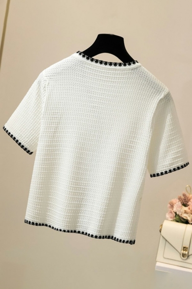 Classic Womens Knit Top Contrast Stitching V Neck Button Down Short Sleeve Regular Fit Knit Top