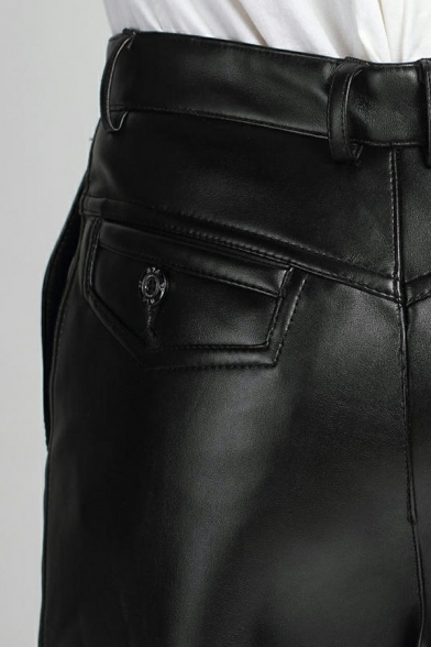 Dashing Mens Pants Plain Zip Placket PU Leather Pocket Detail Mid Rise Full Length Regular Fit Pants in Black
