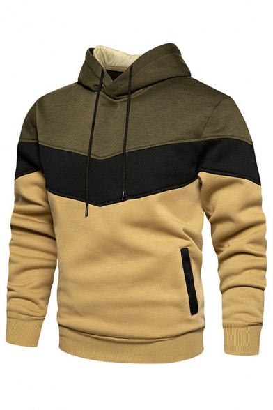 Edgy Men Hoodie Color-blocking Front Pocket Long Sleeves Fitted Hooded Drawstring Hoodie