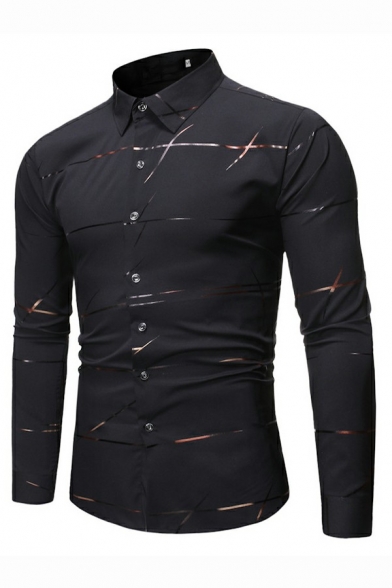 Edgy Mens Shirt Shinny Thread Print Point Collar Skinny Long Sleeve Button Fly Shirt
