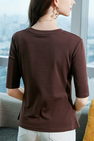 Edgy Womens T-Shirt Plain Crew Neck Half Sleeve Side Split Ruched T-Shirt