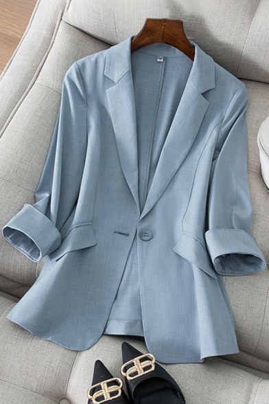 Fancy Womens Blazer Plain Notched Lapel Collar Turn-Up Cuffs Single Button 3/4 Sleeve Slim Fit Blazer