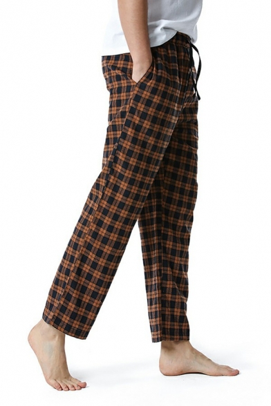 Guy's Freestyle Pants Checked Pattern Pocket Drawcord Mid Rise Fitted Long Length Pants