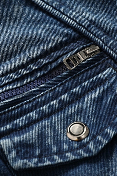 Guy's Vintage Jacket Contrast Trim Zip Pocket Long Sleeve Hooded Slimming Denim Jacket