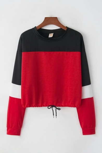 Leisure Pullover Sweatshirt Color Block Round Neck Drawstring Hem Long Sleeve Sweatshirt for Women