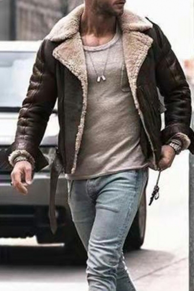 Men Cool Jacket Pure Color Lapel Collar Long Sleeves Zip down Leather Fur Jacket for Men