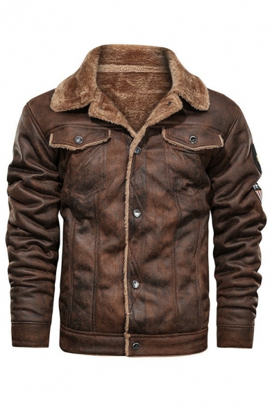 Mens Edgy Jacket Pure Color Pocket Notched Collar Slim Long Sleeve Leather Fur Jacket