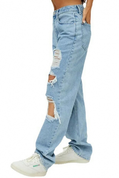 Modern Girls Jeans Lightwash Blue Zip Closure Mid Rise Cut-Outs Boyfriend Straight Denim Pants