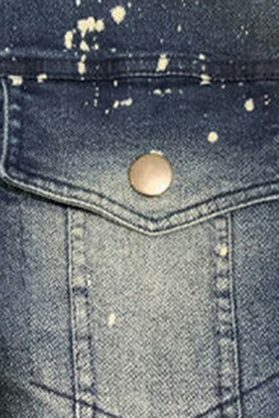 Modern Men's Jacket Zip Closure Washed Design Spread Collar Pocket Detail Denim Jacket