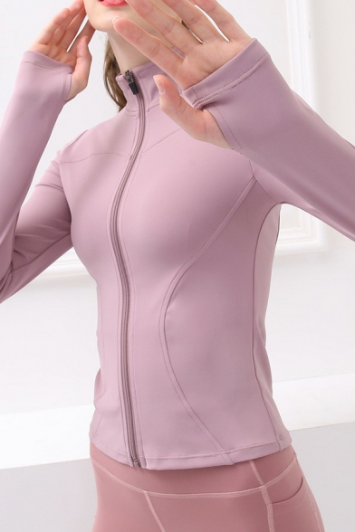 Simple Womens Gym Jacket Solid Color Zipper Closure Stand Collar Long-Sleeved Slim Fit Jacket