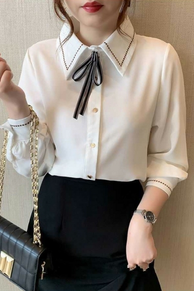 Simple Womens Shirt Plain Turn-Down Collar Bow Single Breasted Long Sleeve Shirt