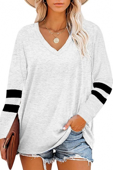 Simple Womens T-Shirt Lines Pattern V-Neck Long Sleeve Relaxed T-Shirt