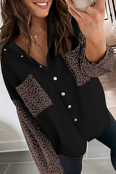 Stylish Womens Jacket Leopard Patchwork Lapel Collar Single Breasted Long Sleeve Denim Jacket