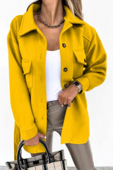 Stylish Womens Jacket Plain Single Breasted Belted Flap Pockets Notched Lapel Long Sleeve Wool Coat