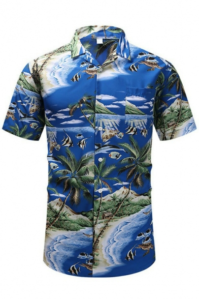 Trendy Mens Shirt Tropical Leaf Print Turn-Down Collar Single Breasted Short Sleeve Shirt
